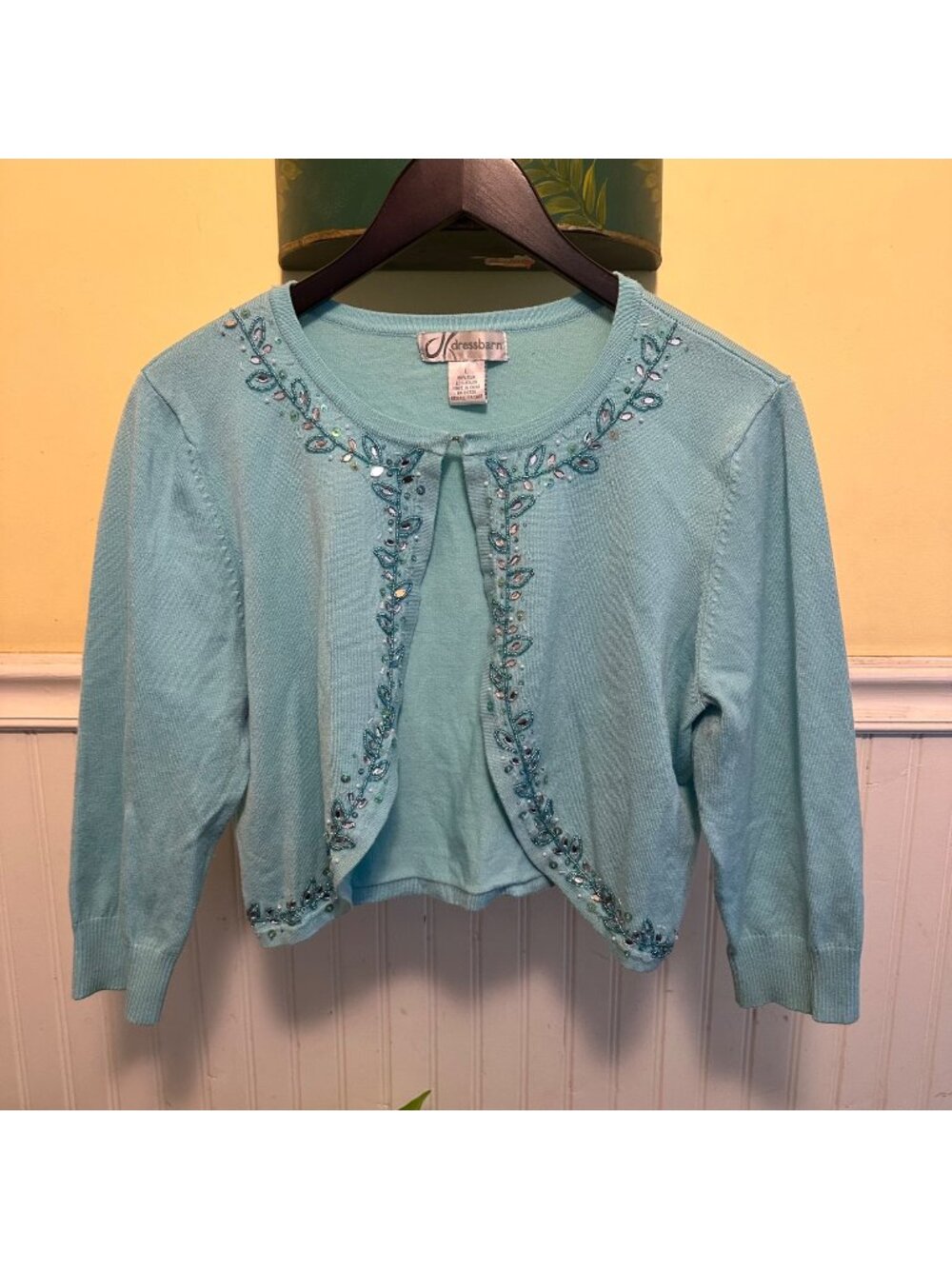 Dressbarn Womens Beaded Aqua Cardigan Sweater Large